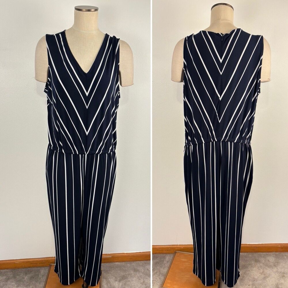 Chicos Jumpsuit Womens 3 -XL Knit Blue Stripe V-Neck Sleeveless Pockets Comfort